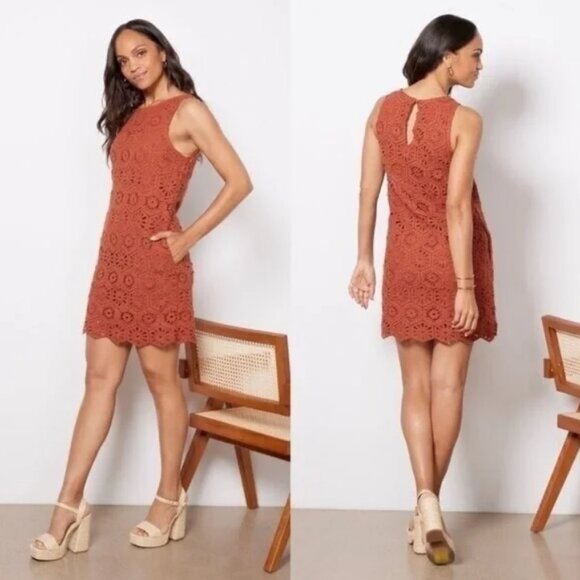 Evereve Brooklyn Crochet Dress brown brick Fall Cocktail Dress pockets Size X - Picture 1 of 8